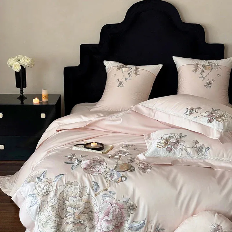 Flytonn-4/5Pcs  Chinese Style Flowers Bird Embroidery Bedding Set 1000TC Egyptian Cotton Queen King Duvet Cover Bed Sheet Pillowcases