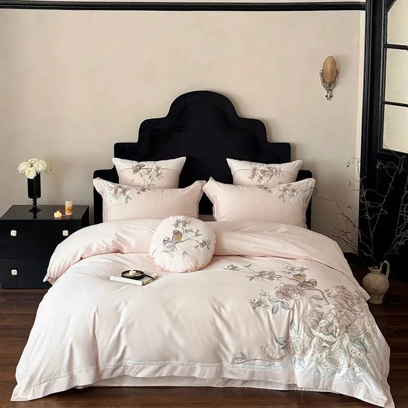 Flytonn-4/5Pcs  Chinese Style Flowers Bird Embroidery Bedding Set 1000TC Egyptian Cotton Queen King Duvet Cover Bed Sheet Pillowcases