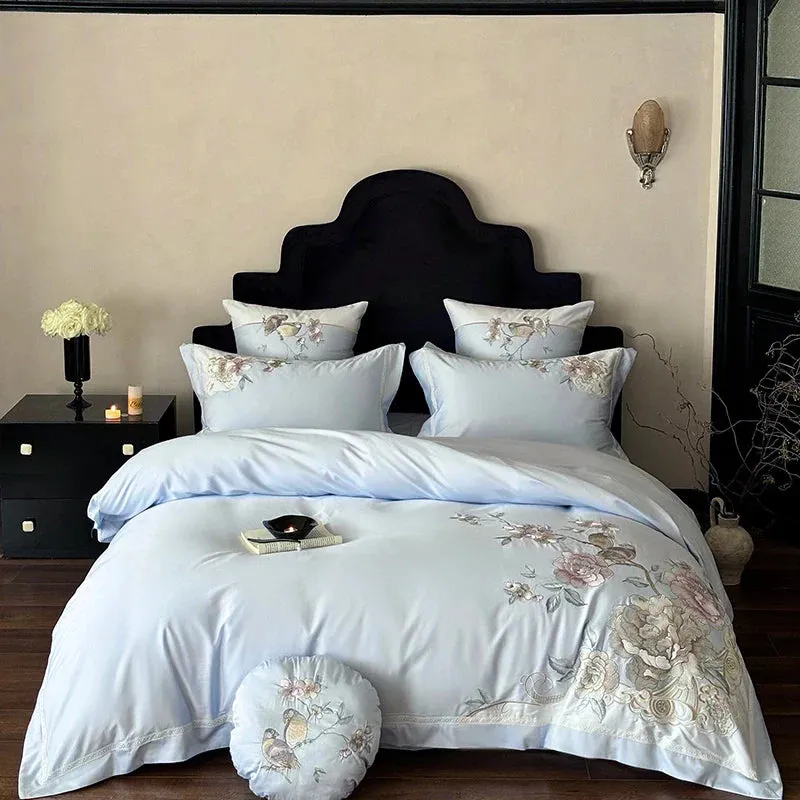 Flytonn-4/5Pcs  Chinese Style Flowers Bird Embroidery Bedding Set 1000TC Egyptian Cotton Queen King Duvet Cover Bed Sheet Pillowcases