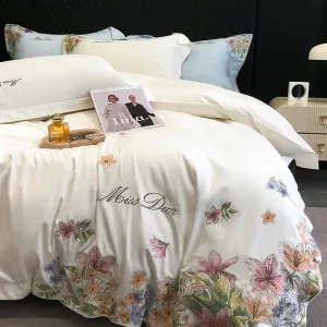 Flytonn-Egyptian Cotton Flowers Embroidery Bedding Set, Luxury Bedding Set, Queen King Size, Duvet Cover, Bed Sheet, Pillowcases, 100S