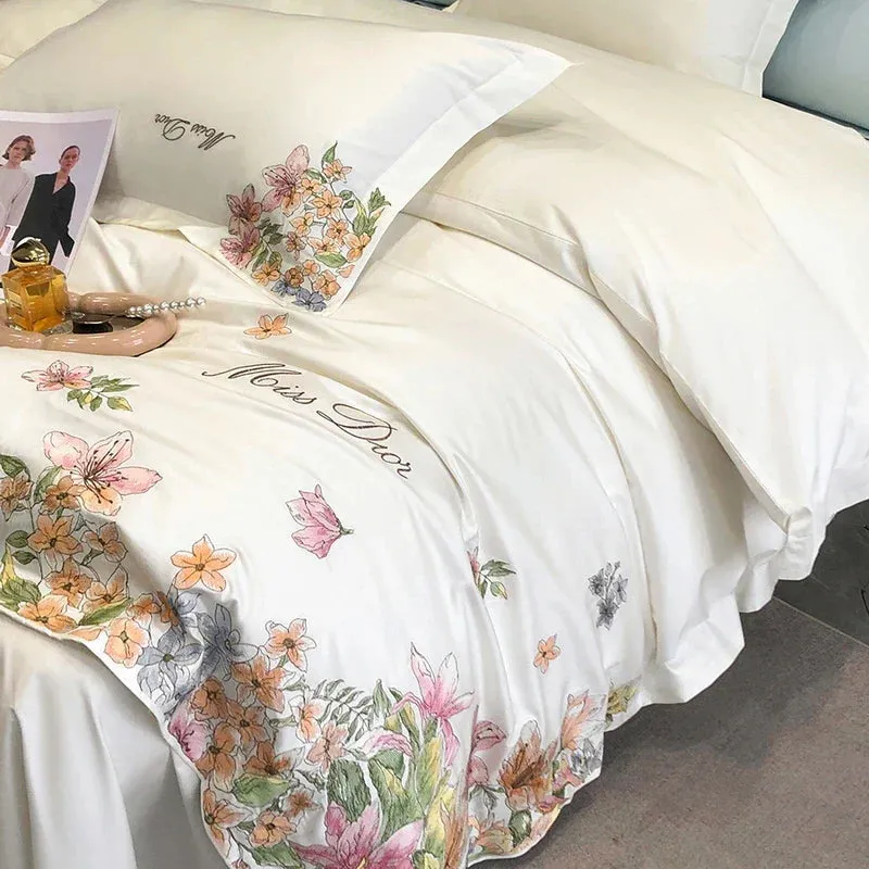 Flytonn-Egyptian Cotton Flowers Embroidery Bedding Set, Luxury Bedding Set, Queen King Size, Duvet Cover, Bed Sheet, Pillowcases, 100S