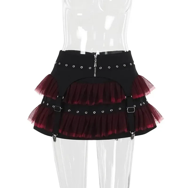 Flytonn-Halloween Outfits Halloween Gifts Gothic Style Y2K Gothic Red Lace Mesh Patchwork Mini Skirt Sexy Vintage Zipper Ballet Lolita Short Skirts Women Girls New Fashion Skirt