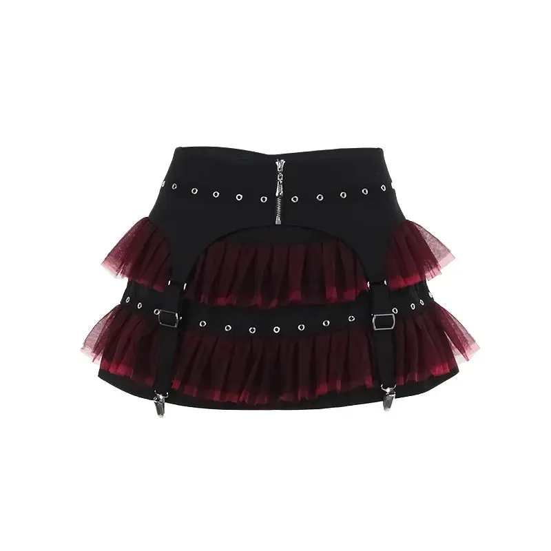 Flytonn-Halloween Outfits Halloween Gifts Gothic Style Y2K Gothic Red Lace Mesh Patchwork Mini Skirt Sexy Vintage Zipper Ballet Lolita Short Skirts Women Girls New Fashion Skirt