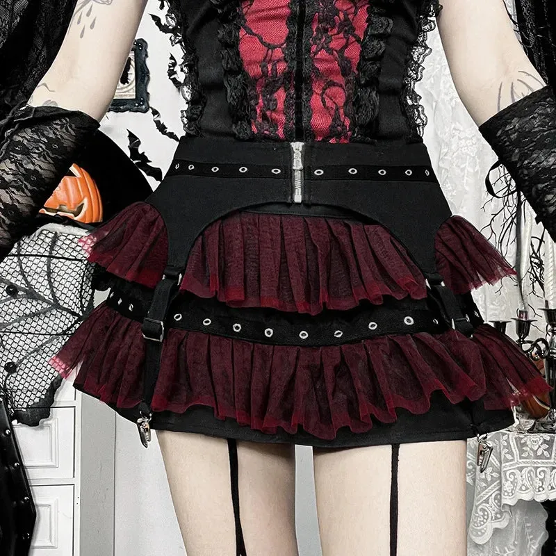 Flytonn-Halloween Outfits Halloween Gifts Gothic Style Y2K Gothic Red Lace Mesh Patchwork Mini Skirt Sexy Vintage Zipper Ballet Lolita Short Skirts Women Girls New Fashion Skirt