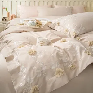 Flytonn-Lace Flowers Embroidery Luxury Princess Wedding Bedding Sets Egyptian Cotton Duvet Cover Set Bed Sheet Pillowcases Home Textile