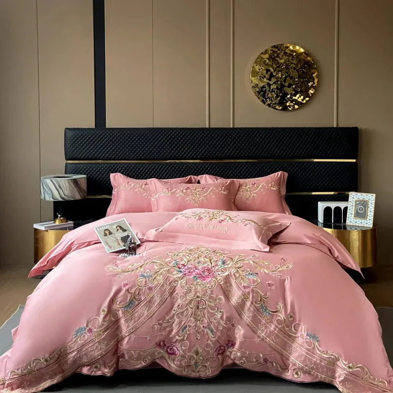 Flytonn-Luxury Exquisite Flowers Embroidery Bedding Set Queen King Duvet Cover Set Flat/Fitted Bed Sheet Pillowcases Wedding Bed Set