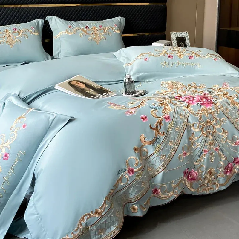 Flytonn-Luxury Exquisite Flowers Embroidery Bedding Set Queen King Duvet Cover Set Flat/Fitted Bed Sheet Pillowcases Wedding Bed Set