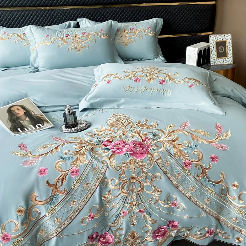 Flytonn-Luxury Exquisite Flowers Embroidery Bedding Set Queen King Duvet Cover Set Flat/Fitted Bed Sheet Pillowcases Wedding Bed Set