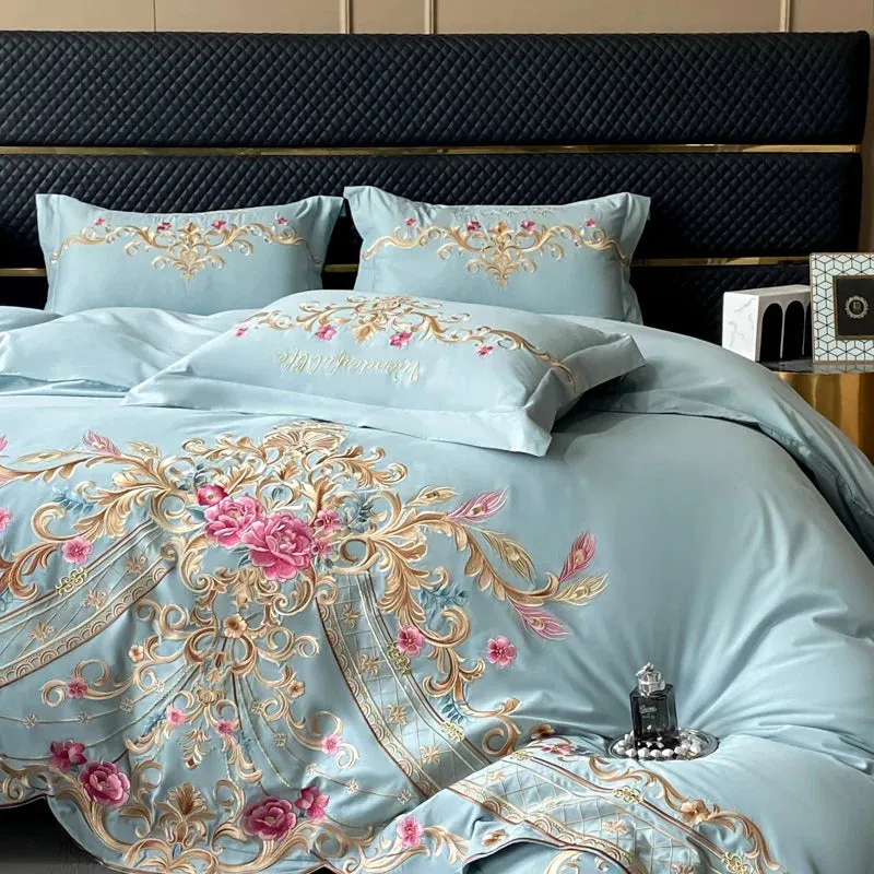 Flytonn-Luxury Exquisite Flowers Embroidery Bedding Set Queen King Duvet Cover Set Flat/Fitted Bed Sheet Pillowcases Wedding Bed Set