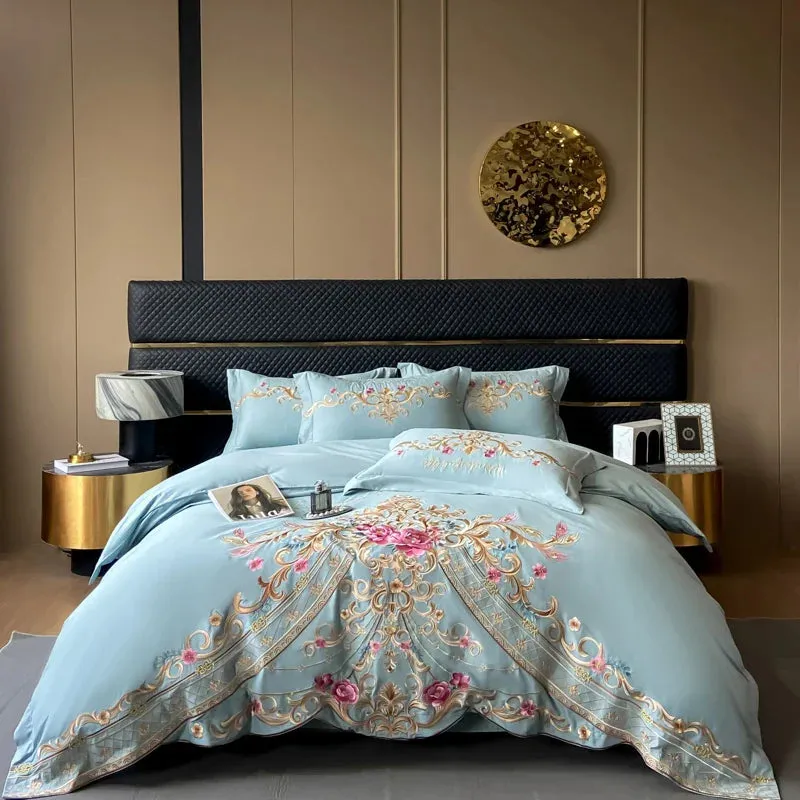 Flytonn-Luxury Exquisite Flowers Embroidery Bedding Set Queen King Duvet Cover Set Flat/Fitted Bed Sheet Pillowcases Wedding Bed Set