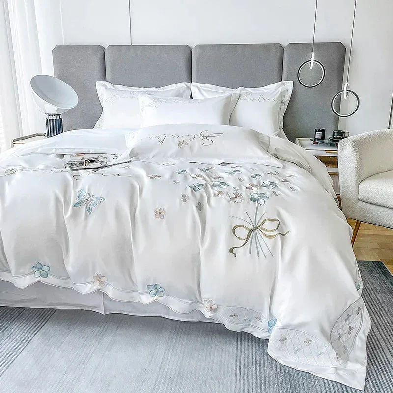 Flytonn-White Luxury Bedding Set Butterfly Flowers Embroidery Summer Ice Silky Duvet Cover Set Fitted Sheet Bed Sheet Pillowcases 4Pcs