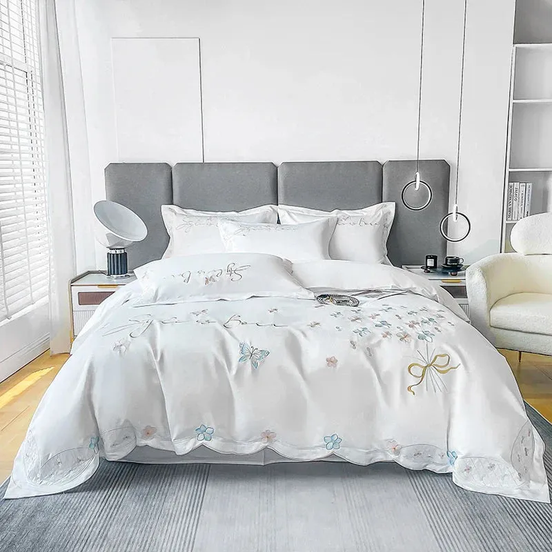 Flytonn-White Luxury Bedding Set Butterfly Flowers Embroidery Summer Ice Silky Duvet Cover Set Fitted Sheet Bed Sheet Pillowcases 4Pcs