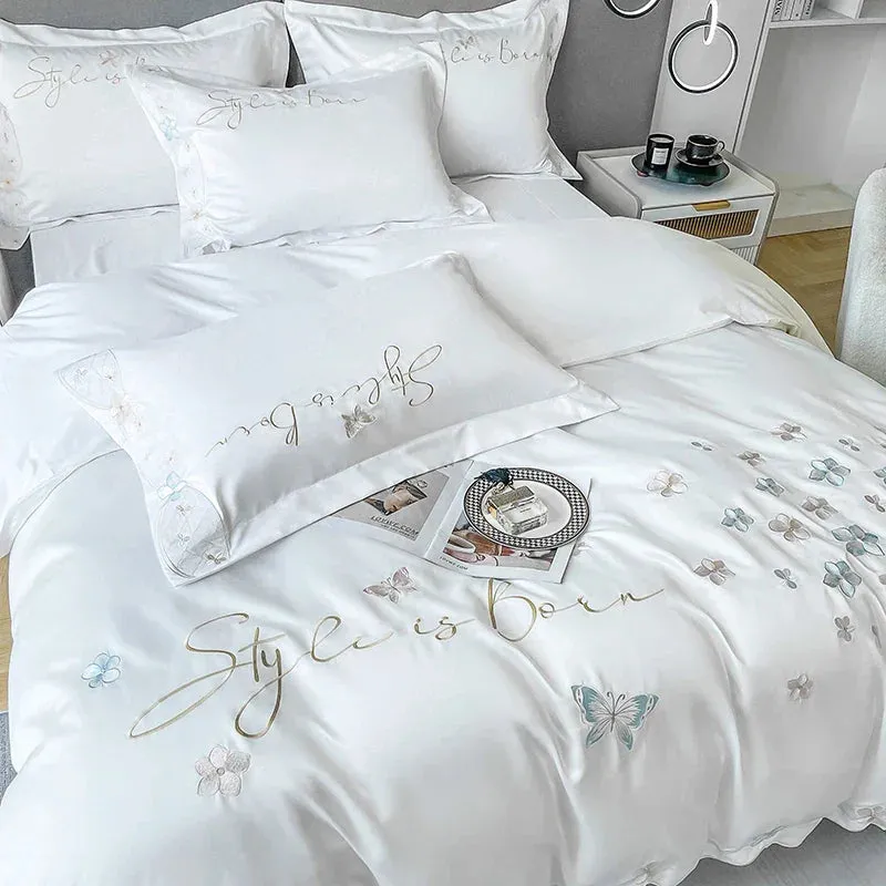 Flytonn-White Luxury Bedding Set Butterfly Flowers Embroidery Summer Ice Silky Duvet Cover Set Fitted Sheet Bed Sheet Pillowcases 4Pcs