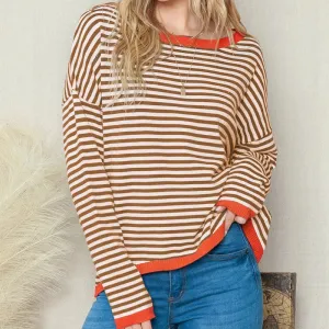 Flytonn-Women Striped Pullover Long Sleeve O-neck Knit Crop Top Autumn Vintage Casual T-shirt 2023 New Fashion Female Basic Streetwear