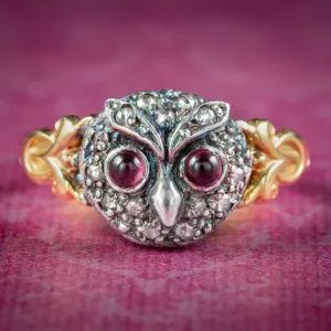 Georgian Style Diamond Owl Ring Garnet Eyes