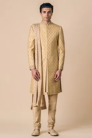 Gold Brocade Sherwani With Kundan Details