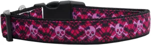 Hot Pink Plaid Skulls Nylon Dog Collar Xs