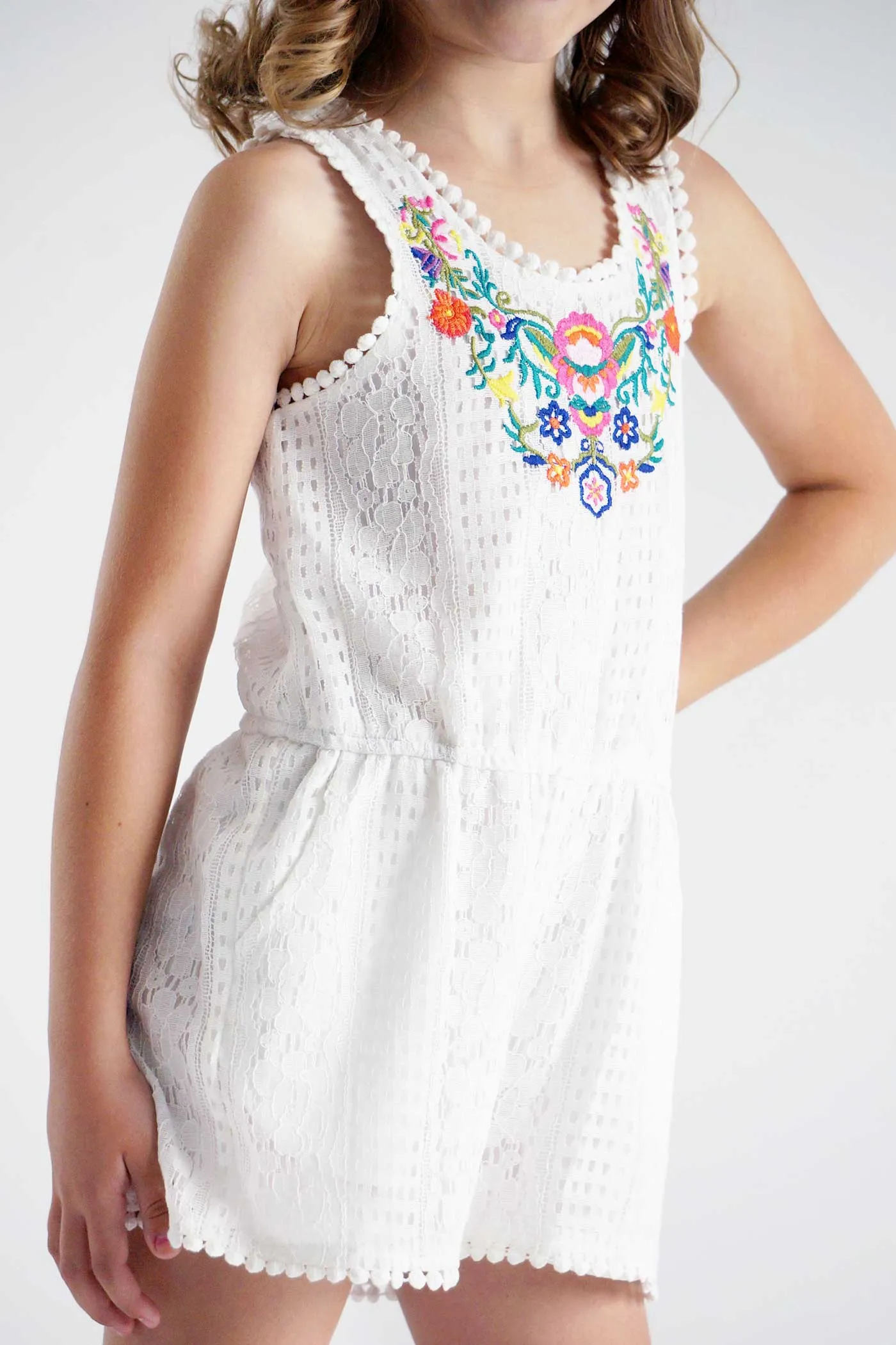 Infant Girls Floral Embroidered Sleeveless Lace Romper