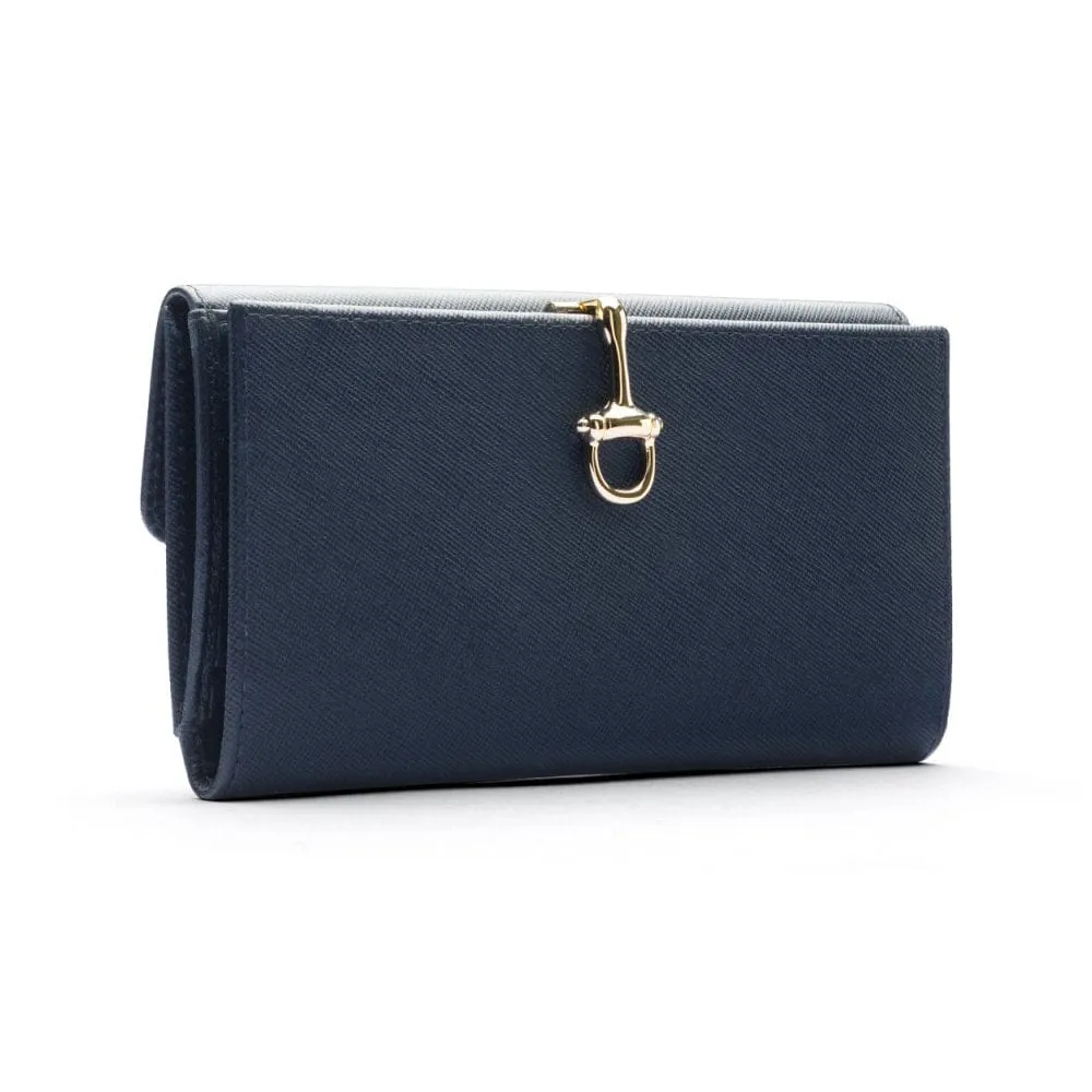 Ladies Tall Leather Purse With Brass Clasp 8 CC - Navy