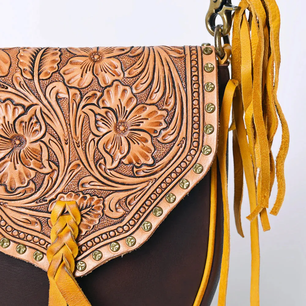 Leather Crossbody Bag with Tooled Flap - Chocolate