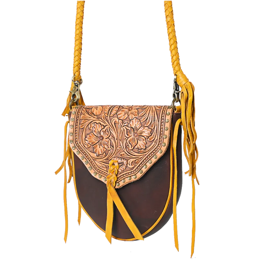 Leather Crossbody Bag with Tooled Flap - Chocolate