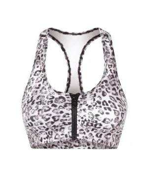 Lori - Snow Leopard - Zippered Sports Bra