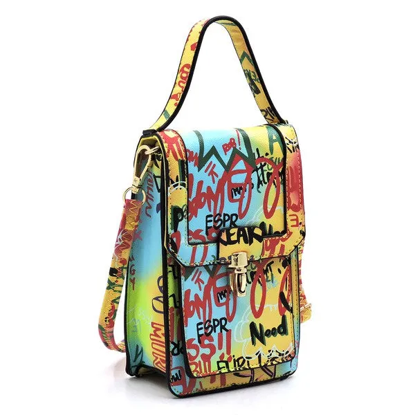 Multi Graffiti Top Flap Crossbody Bag Phone Purse