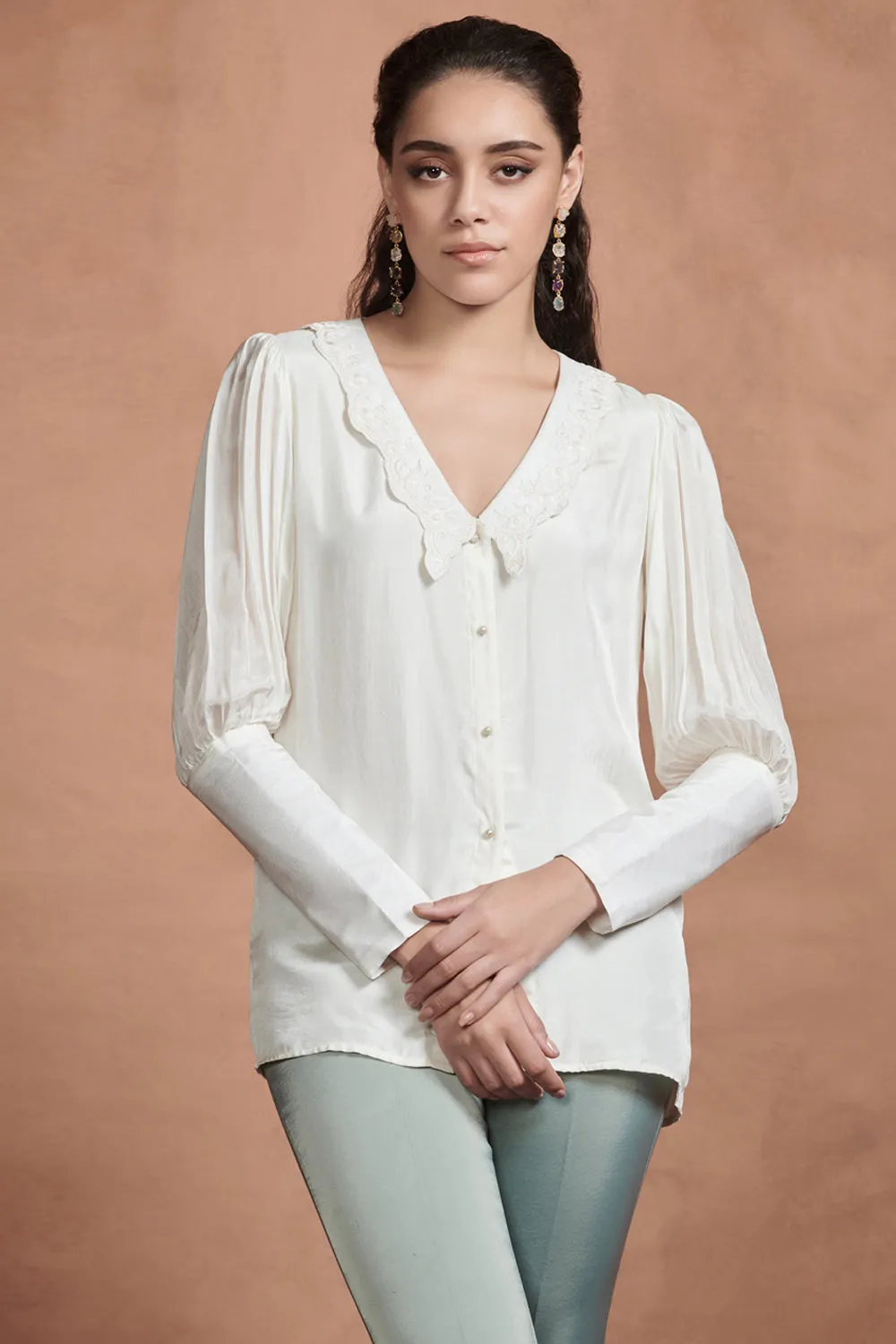 Pearl White Embroidery Details Shirt