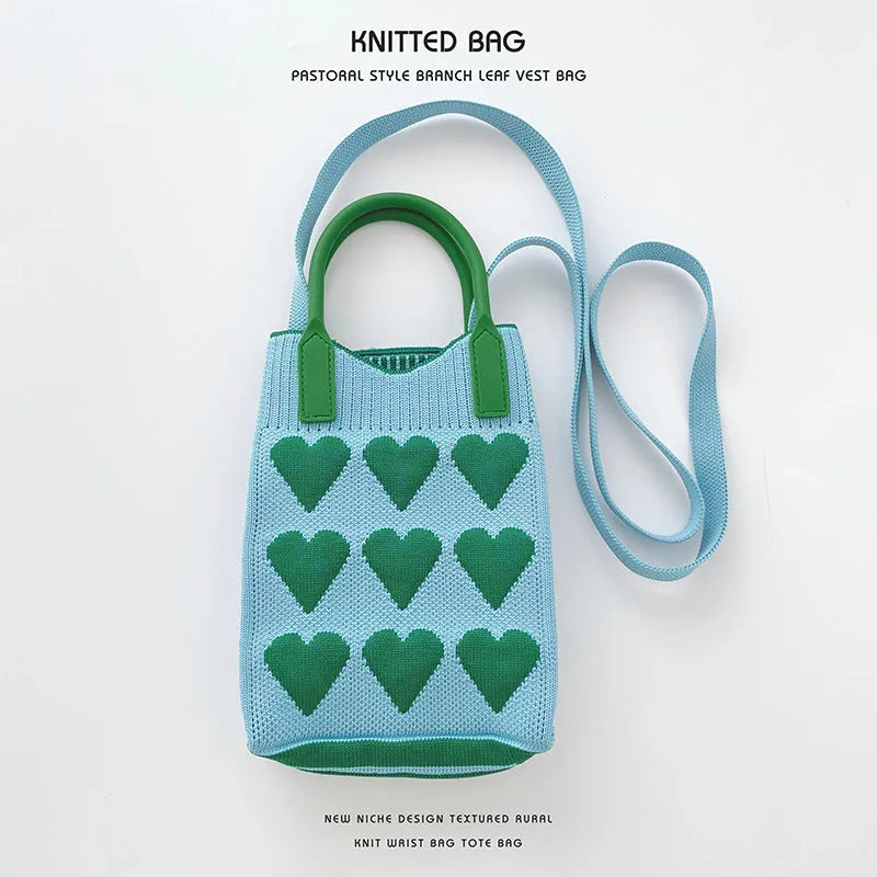 Pink Heart Shape Mini Phone Bag Knit Tote