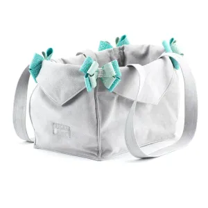 Susan Lanci Luxury Purse Carrier Collection- Ultrasuede in Platinum and Mint Nouveau Bow