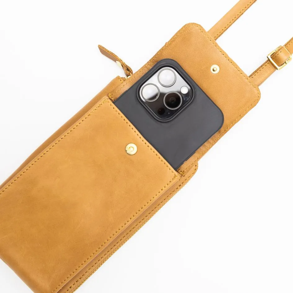 Toffee Leather Phone Purse Bag (w Gold Fittings)