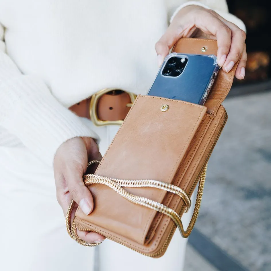 Toffee Leather Phone Purse Bag (w Gold Fittings)