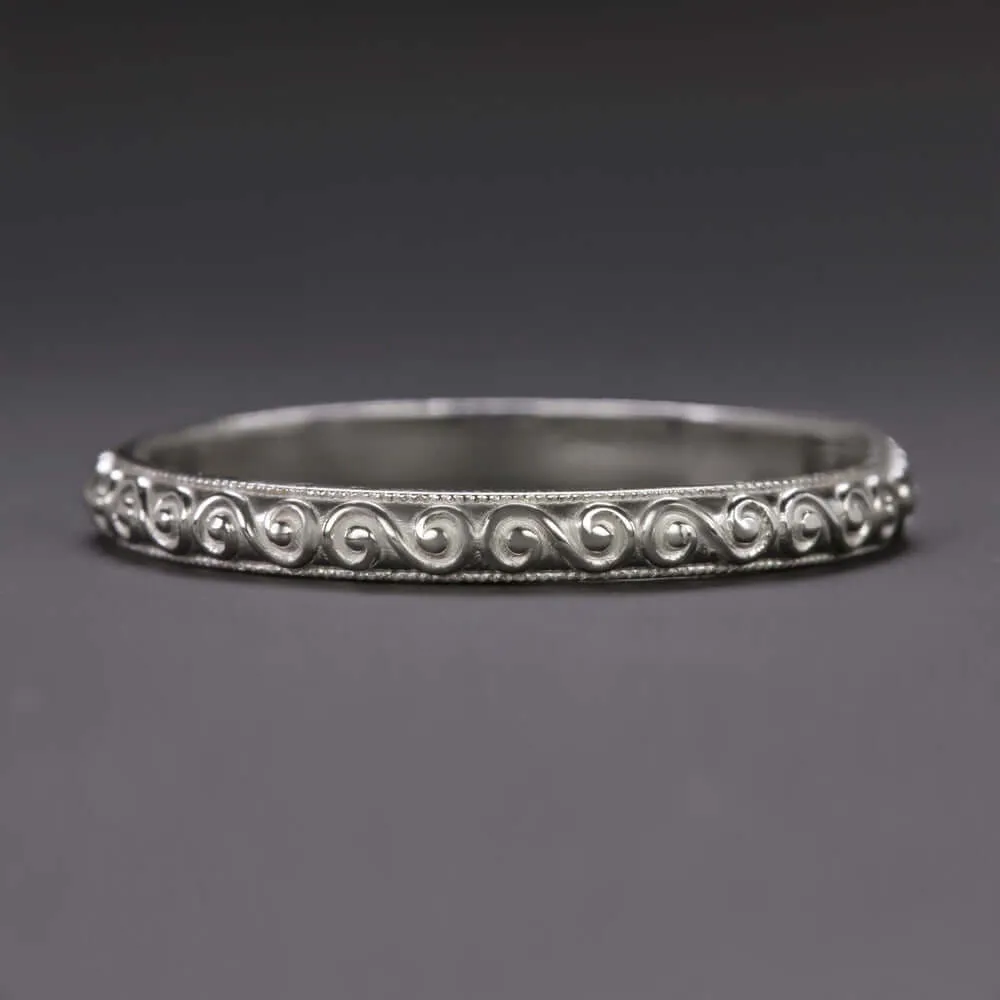 VINTAGE STYLE FILIGREE WEDDING BAND SWIRL DESIGN STACKING RING 14K WHITE GOLD