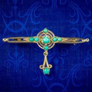 Vintage Turquoise Bar Brooch 9ct Gold With Box