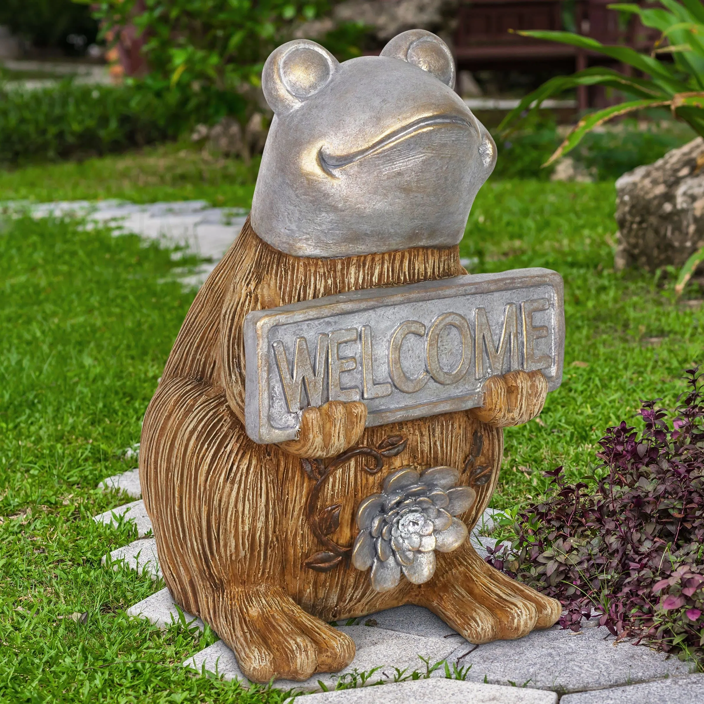 Welcome Sign Garden Frog Statue in a Wood Look with Silver Detail, 11 Inch