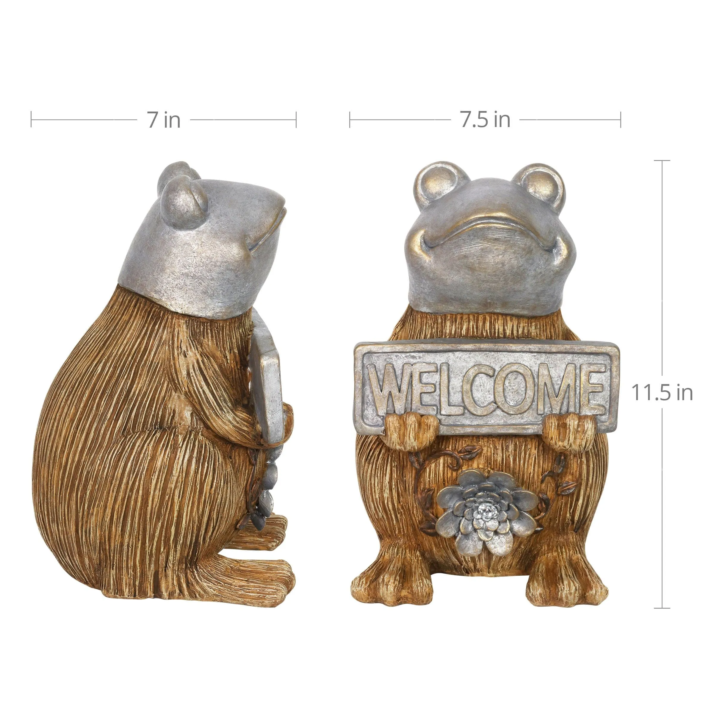 Welcome Sign Garden Frog Statue in a Wood Look with Silver Detail, 11 Inch