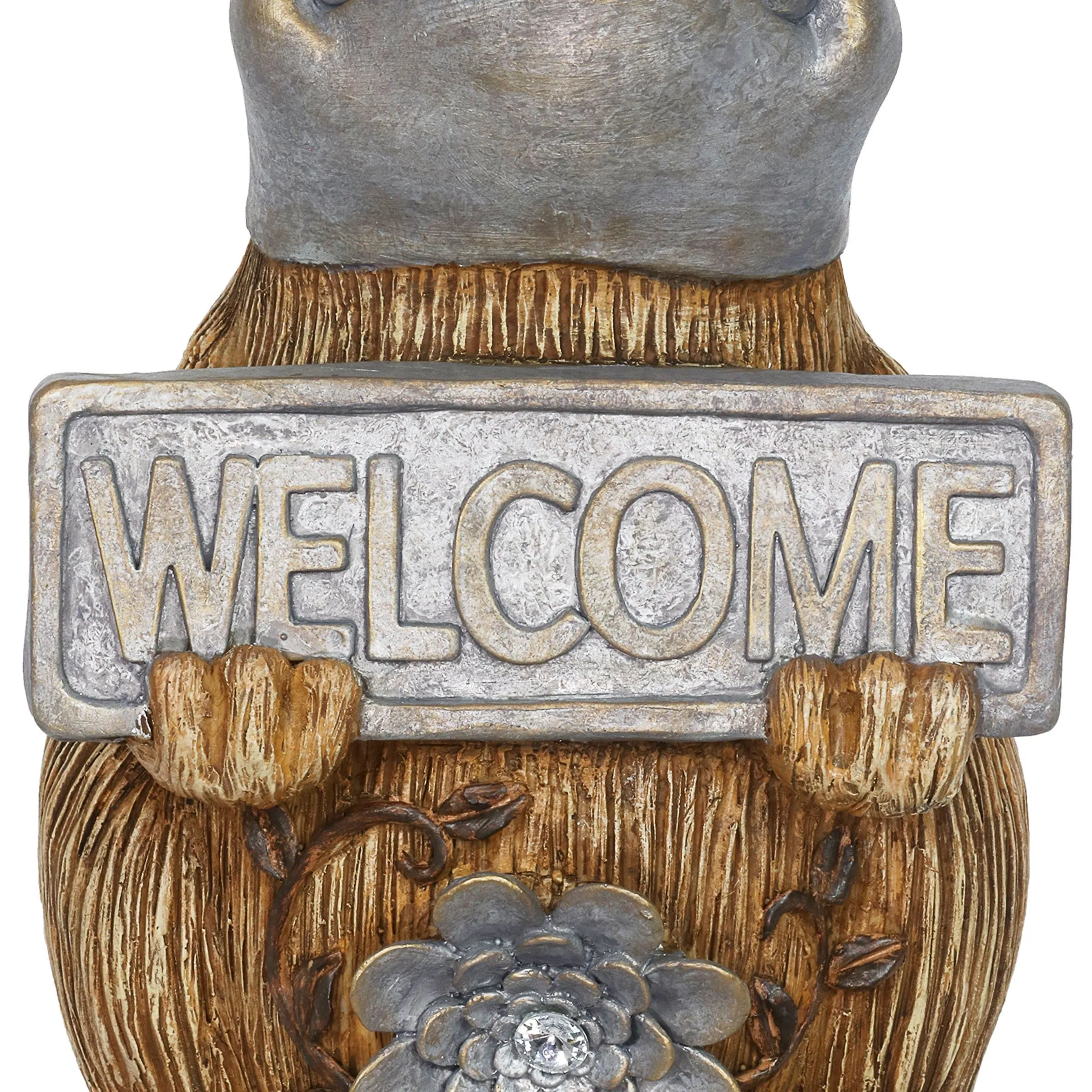 Welcome Sign Garden Frog Statue in a Wood Look with Silver Detail, 11 Inch