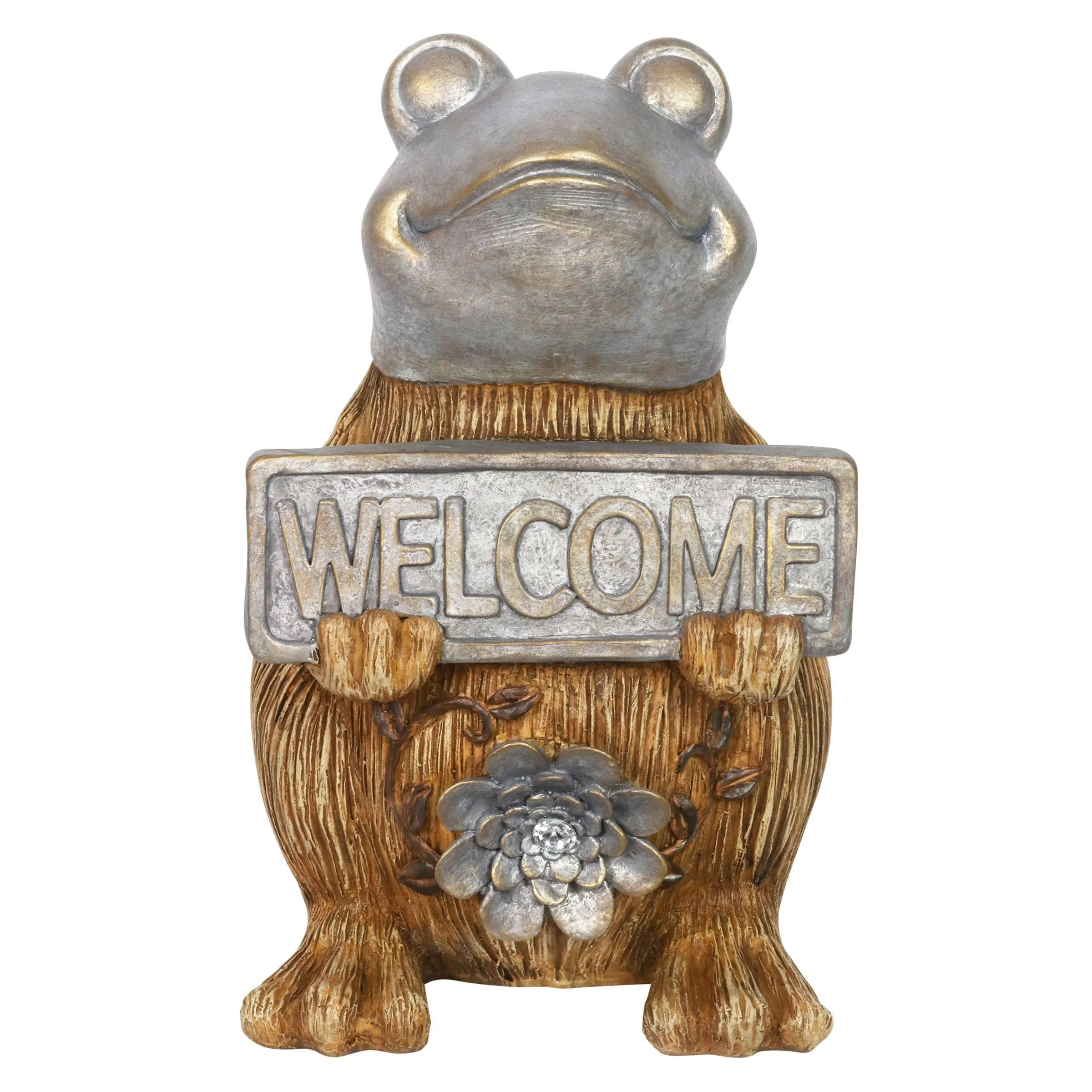 Welcome Sign Garden Frog Statue in a Wood Look with Silver Detail, 11 Inch