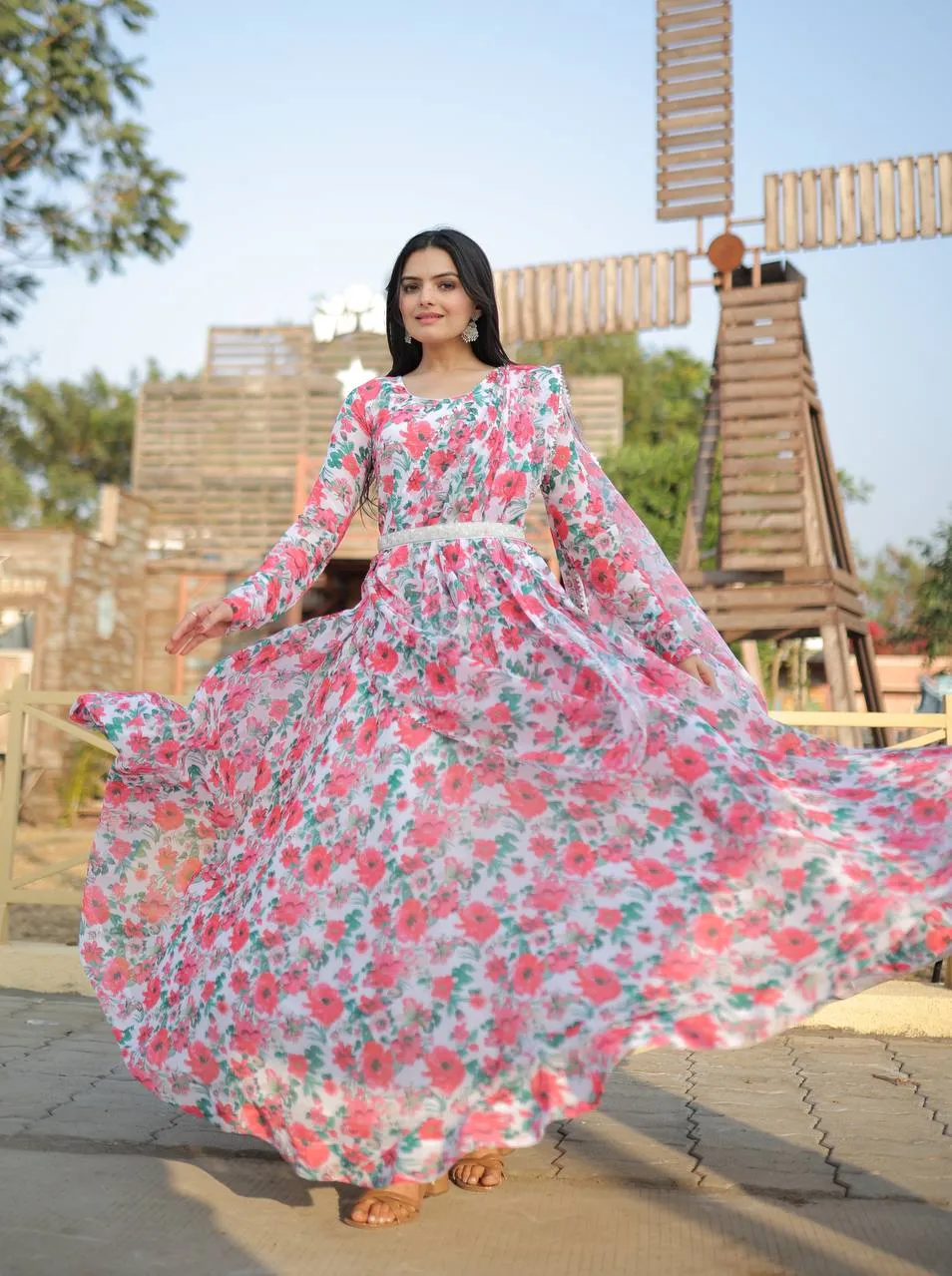 White Color Beautiful Print Long Gown