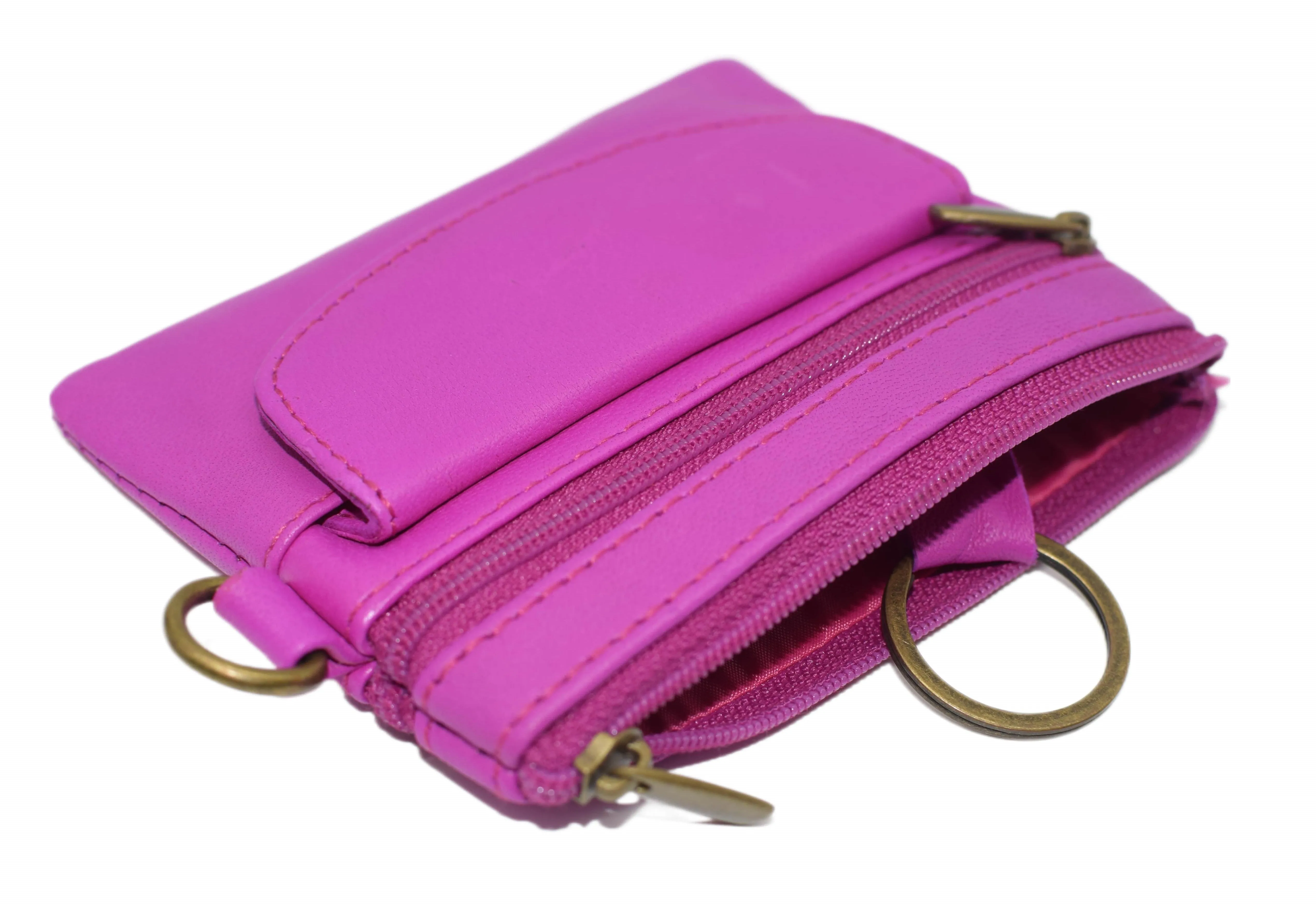 Women Genuine Leather Triple Zipper Small Wallet Change Coin Purse Holder with Front Snap Pocket