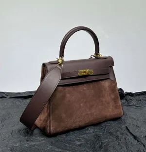 Womens Suede Leather Padlock Tote Bag Brown